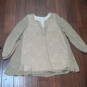 Adrienne Tan & Cream Snakeskin Overlay Top with Sheer Sleeves size Small